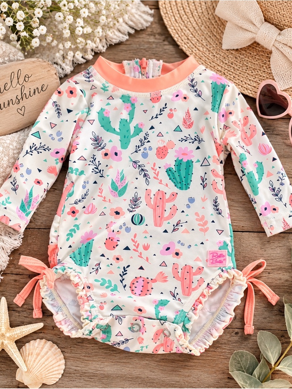 RuffleButts Desert Blossoms Cactus Long Sleeve Rash Guard Swimsuit 0-3M